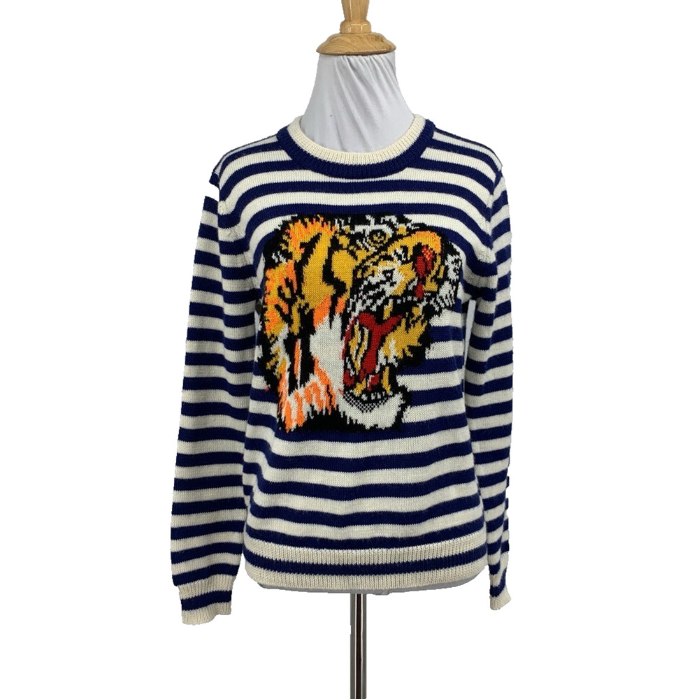 Jamison Sweater Womens S Small Ivory Blue Wool Blend Striped Tiger Embroidered
